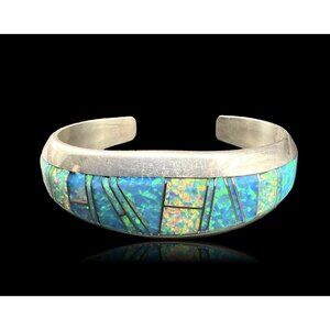 Vintage ELY Native American Navajo Cuff Bracelet Intricate Opal Channel Inlay